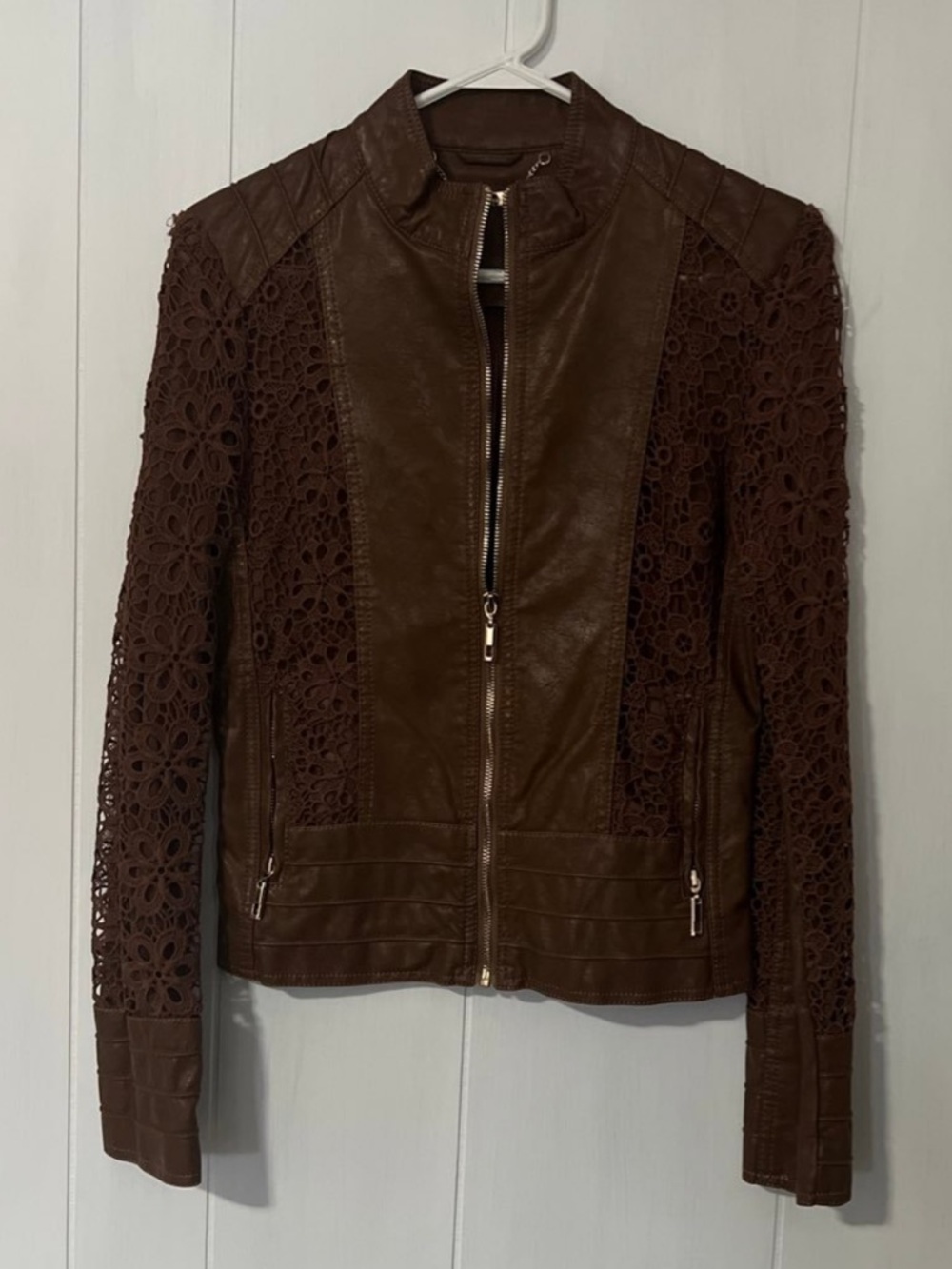 dark brown leather jacket with lace/ Brown Faux Leather Jacket with Lace Sleeves - Picture 1 of 4